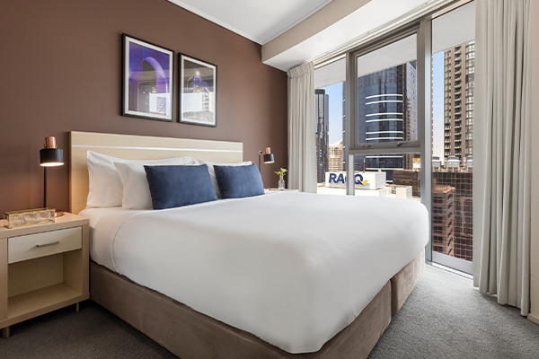 Oaks Brisbane on Felix Suites 2 Bedroom Story Bridge View Bedroom one with king sized bed and nice city view