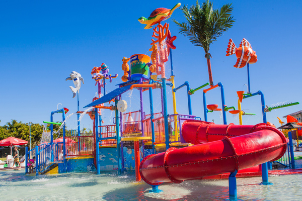 slide and jungle gym at popular, child friendly waterpark at Oaks Oasis Resort in Caloundra on Sunshine Coast, Queensland, Australia