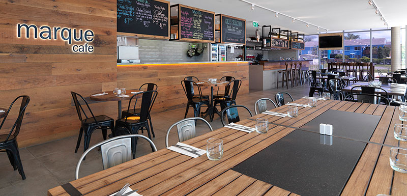 table with cutlery for guests eating lunch at popular Marque Cafe and estaurant in Mackay, Queensland, Australia