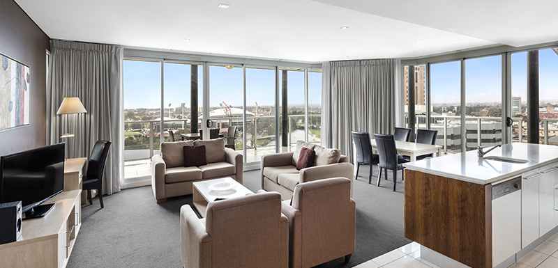 Oaks Embassy Serviced Apartments Adelaide Official Website Large Living Room With Tv Wi Fi Air Conditioning And Kitchenette In Hotel Accommodation The Adelaide Cbd